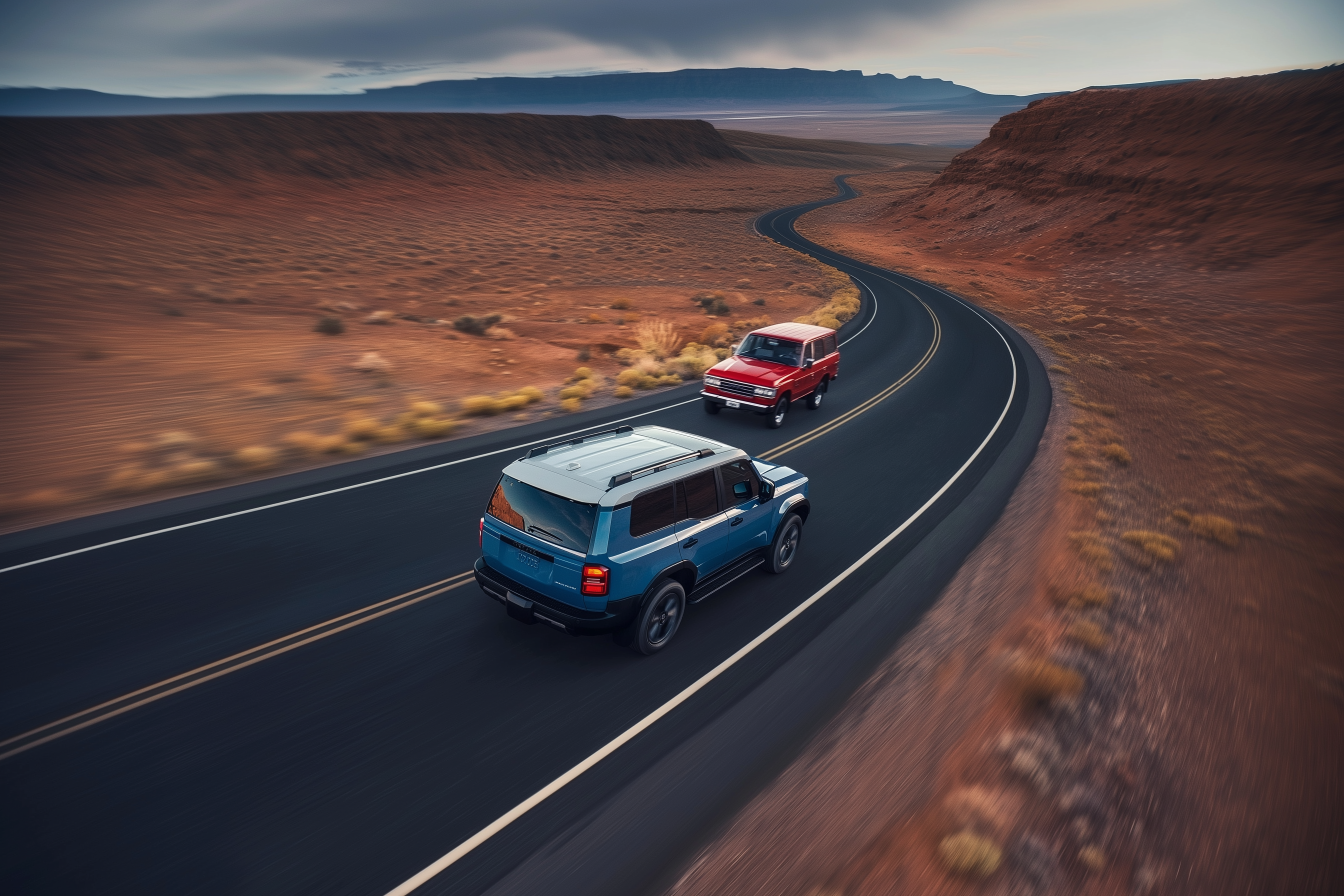jeremythesaatchicd_A_blue_and_red_Toyota_Land_Cruiser_SUVs_driv_4630b346-84e5-4eee-825f-46c9d471a541